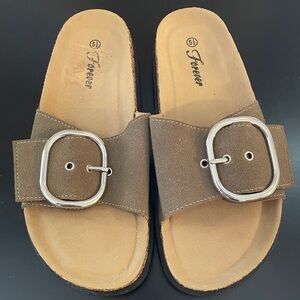 Forever - Tan Buckle Slide Sandals